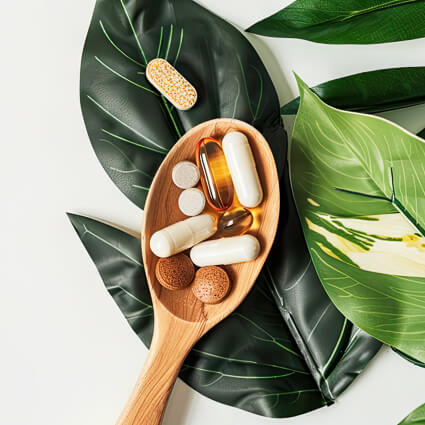 Various supplement pills in a wooden spoon
