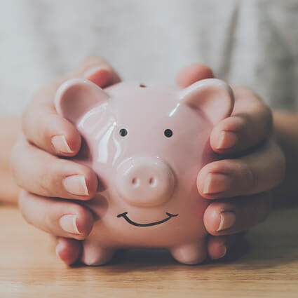 hands holding a pink piggy bank