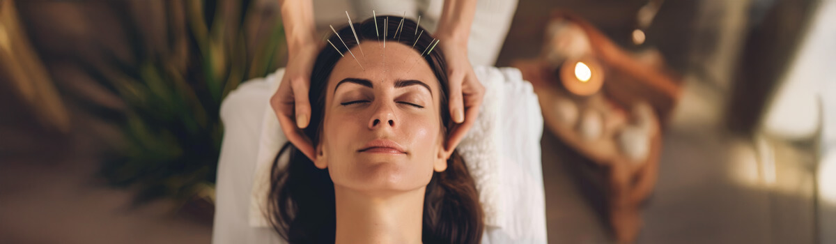 Woman with acupuncture on forehead